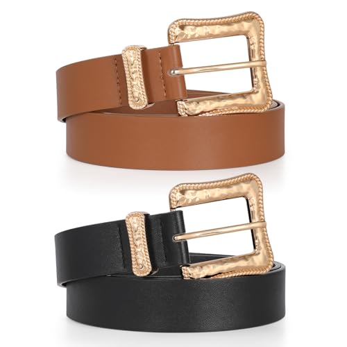 JASGOOD Plus Size Women's Leather Belt for Jeans Pants, Fashion Ladies Waist Belt with Gold Buckle (Black & Brown, Fit waist size 30''-35'')