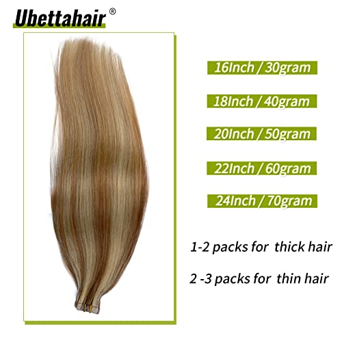 Tape In Golden Brown Hair With Blonde Highlights Human Remy Hair Extensions Silky Straight Seamless Skin Weft Remy Real Hair 18" 20Pcs/40Grams Invisble Tape On Glue In Extensions (18 Inches, 12-613) #TOP1