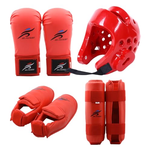 Equipo de Combate, Karate Sparring Gear Polyester Taekwondo Incluye 1 por ciento de Casco, 1 par de Guantes y par de protección de piernas, también para Andar en Bicicleta, Arte marcial y más, Rojo