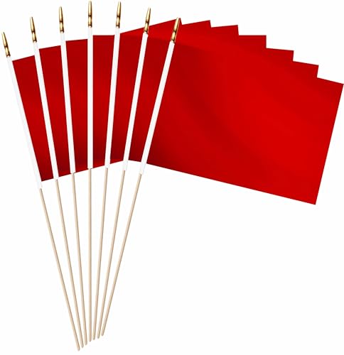 LUSEOAN 20 Pack Red Mini Wood Stick Sublimation Flag Set 5x8 Inch Solid Color Blank Hand Held Small Miniature Plain Flags for DIY Graffiti School Kids Birthday Grand Opening Decorations