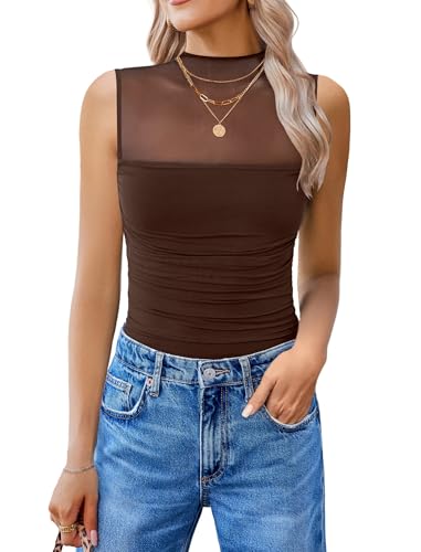 Avidlove Women's Mock Neck Mesh Bodysuit Ruched Tank Body Suits Top Sheer One Piece Going Out Tops Classy Outfits
