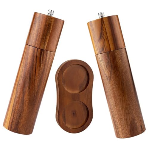 SEWACC Molinillo de Pimienta Manual de 20 CM con Núcleo Cerámico Molinillo de Sal y Pimienta Ajustable con Base de Madera de Acacia para Cocina Barbacoa y Picnic Juego 3 Piezas