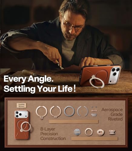 Image of TORRAS Q3 VegSkin for iPhone 17 Pro Max Case Leather, 360 Spin Magnetic Stand, Fit for MagSafe, Camera Control, Shockproof Premium Organic Silicone Leather Case for iPhone 17 Pro Max, Saddle Brown