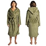 OHS Green Dressing Gown Super Soft Warm Ribbed Fleece Hooded Bathrobe Full Length Comfortable Cosy Unisex Dressing Gowns for Sleepwear Loungewear