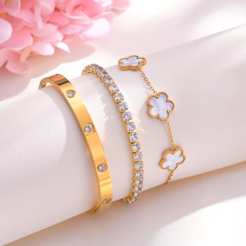 Womens Stackable Floral Gold Bracelets - 3Pcs 18K Gold Plated Bracelet,Stainless Steel Bangle Bracelets Non Tarnish, Gold Bracelet Set Trendy Jewelry,Christmas Valentines Birthday Gifts for Girlfriend4