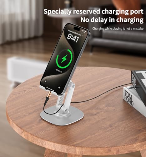 Image of 360 Rotating Cell Phone Stand for Desk (K69-White) | Adjustable & Foldable Phone Holder, Aluminum Desktop Phone Stand with Anti-Slip Base, iPad Stand for Desk