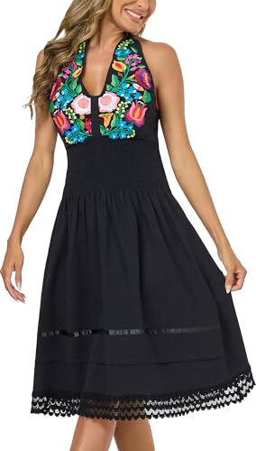 Image of Womens Mexican Floral Embroidered Halter Maxi Dress Side Slit Boho Dress | Sleeveless Halter Neck High Split, Fiesta Party Sundress, Elastic Smocked Waist, Cotton Summer Maxi Dress