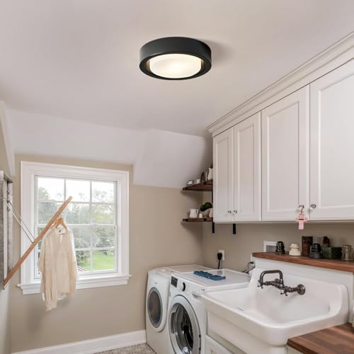 COTULIN Black Flush Mount Ceiling Light,13 Inch Matte Black Ceiling Lighting Fixture,2-Light Modern Round Metal Lamp with White Frosted Glass Shade for Hallway Bedroom Closet Outdoor by COTULIN - Used condition - Image 7