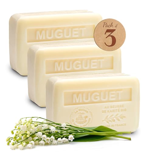 Savon Solide Karité Muguet - Lot de 3x250g - Enrichi en Beurre de Karité Bio - Savon Naturel Parfumé de Grasse - Fabriqué en Provence - 97% Végétal