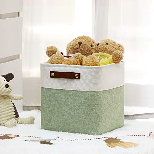 Hnzige Fabric Cube Storage Baskets Bins Cube Baskets 11X11, Set Of 4, Foldable Storage Cube Bin Baskets For Shelves With Handles, Bins For Cube Organizer Home Toy Nursery Closet Bedroom(Green White) #TOP6