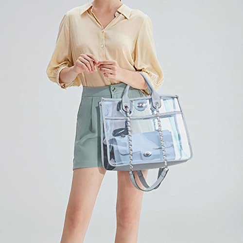 Large Clear Tote Bag Top Handle Bag For Women Handbag Messenger Crossbody Purse With Turn Lock Closure (2 Sets) (Blue) #TOP1