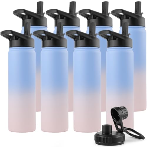 DOMICARE Insulated Water Bottle, 22 oz Vacuum Insulated Stainless Steel Reusable Sports Bottle with Straw Lid & Spout Lid for Travel, Camping, Bike, Leakproof, Blue/Pink, 8 Pack by DOMICARE - Used condition - US$27.06