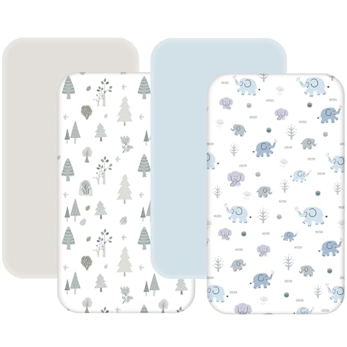 Image of 4 Pack Mini Crib Sheets Fitted - 38"x26" Pack and Play Sheets for Playard Mattress, Portable Mini Crib | Soft & Skin Friendly Pack N Play Sheets for Boys (Elephant & Woodland)
