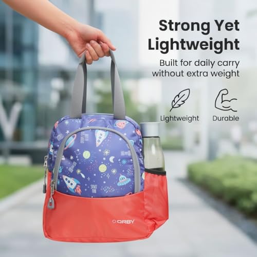 Image of ORBY Lunch Bag Rocket Planet Red | Water-Repellent Durable Fabric | Tiffin Bag with Bottle Holder & Front Pocket | Strong Zipper & Spacious Meal Storage (Rocket and Planet Pattern, Red)