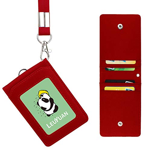LEUYUAN Porte-badge avec lanière, Porte Badges en PU Cuir pour les bureaux ID d'école, 1 nom ID window et 4 carte slot (Rouge) Cover