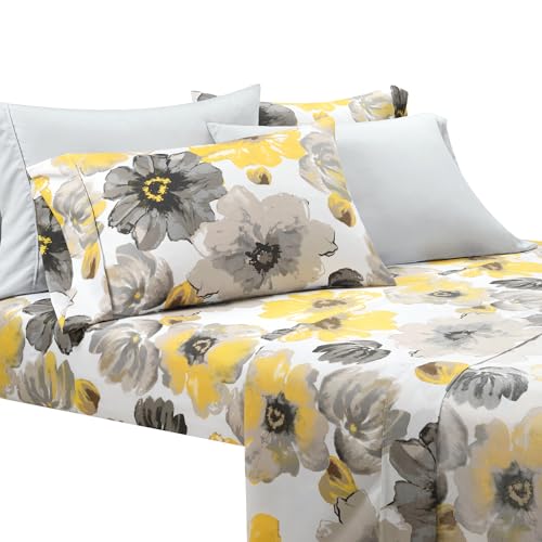 Image of Lush Decor Leah Soft Floral Sheet Set, 6 Piece Set, King, Yellow & Gray- King Size Sheet Set - Printed Bedding - Watercolor Florals - Farmhouse Decor