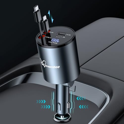 Retractable Car Charger,68W 4 in 1 Super Fast Charge Car Phone Charger,Retractable Cables (31.5 inch) and 2 USB Ports Car Charger Adapter for iPhone 15/14/13/12 Pro Max XR,iPad,Samsung,Pixel