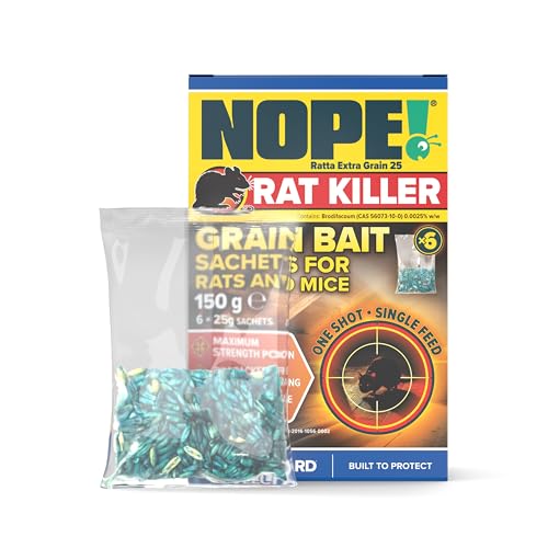 NOPE! Rat Killer Grain Bait 6 x 25g | Super Strength Poison Sachets | Single Feed Premium Oat Grain Bait | Quick-Acting Rodent Control and Mouse Killer | Works Outdoors in All Weather