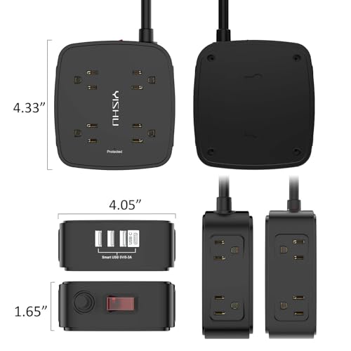 Image of YISHU 10 Ft Surge Protector Power Strip 3 Side Outlet Extender with 8 Widely AC Outlets and 4 USB Ports, 10 Feet Extension Cord with Flat Plug, Wall Mount, Desk USB Charging Station, ETL, Black