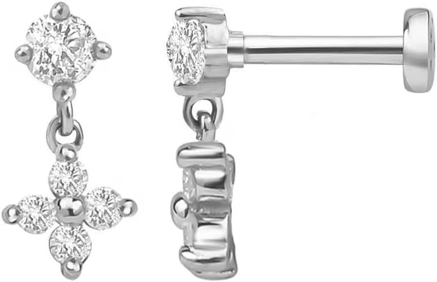 Sterling Silver 925 Flat Back Earring for Women Helix Piercing Jewelry 16G 8mm No Dangle Cartilage Earring Internally Threaded Tragus Conch Stud Screw Cubic Zirconia Ear Ring
