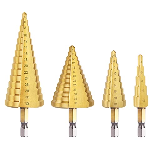flintronic Zestaw wierteł stopniowych, 3 szt., 4 mm do 12, 20, 32 mm, z 1 automatycznym punktakiem, z 1 wiertłem krętym, stal HSS z powłoką tytanową, wiertło z podwójnym rowkiem do drewna, metalu