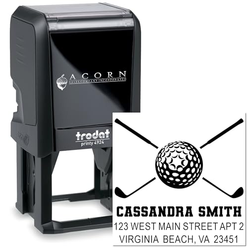 Image of Self Inking Rubber Stamp Golf Crossed Clubs - Self Inking Address Stamp | Golf Address Stamp. Custom Made Self Ink Stamp. Choice of 11 ink colors. Engraved after you order. 1-5 /8 inch square imprint.