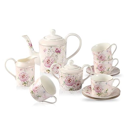 GuangYang Juego de té de porcelana fina con flor de peonía-1 tetera 1 azucarero (450 ml) 1 crema (350 ml) 4 tazas (220 ml) y 4 platillos