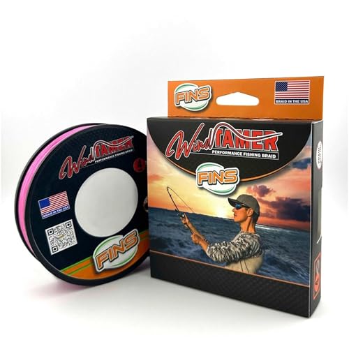 FINS Windtamer Braided Fishing Line - Versatile, Compact Braid for All Fisheries, Reduces Wind Knots and Rod Tip Wraps - High Performance 4-End Braid - Hi-Viz Pink 8 lb - 500 Yds