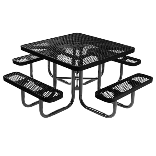 COATEDOUTDOORFURNITURE Heavy-Duty Portable Outdoor Picnic Table with Umbrella Hole, Expanded Metal Commercial-Grade Patio Dining Furniture Made in America (46' Square Top, Textured Black)
