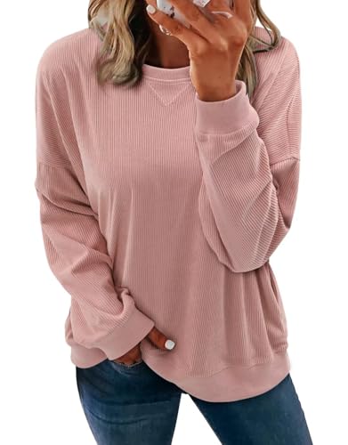 KISSMODA Womens Casual Long Sleeve Sweatshirts Color Block/Solid Tops Corduroy Crewneck Tunic Pullover with Pockets