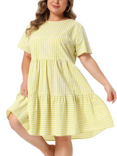 Image of Agnes Orinda Plus Size Gingham Dresses 1950s Vintage Plaid Round Neck Short Sleeve Tiered Midi Summer Dress