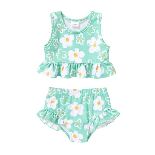 YOUNGER TREE Toddler Baby Girls Summer Swimsuit Sleeveless Polka Dot Swimwear Two-Piece Suit Beach Bikini Outfits Bathing Suit (Green Floral Swimsuit, 18-24 Months)