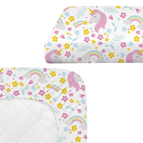 Image of 4 Pack Unicorn Baby Girl Crib Sheet Set, Rainbow Soft Breathable Fitted Pink Purple Crib Sheet, Cute Princess Nursery Decor for Standard Crib and Toddler Bed Mattresses 28 x 52 in
