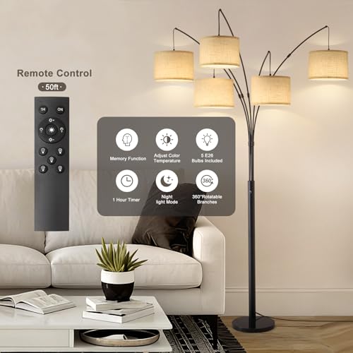 Image of Floor Lamps for Living Room, 4000LM Super Bright Arc Floor Lamp with Remote Control, 5 Light Tall Floor Lamps with Stepless Dimmable, 80 inch Mid Century Tree Floor Lamp for Bedroom, Office