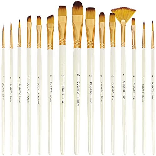 DUGATO 15 Piece Artist Paint Brush Set - Anti-Shedding Nylon Hair Brushes with Comfortable Grip for Acrylic, Watercolor, Oil, Gouache & Crafts - Suitable for All Skill Levels, Beginners, and Hobbyists