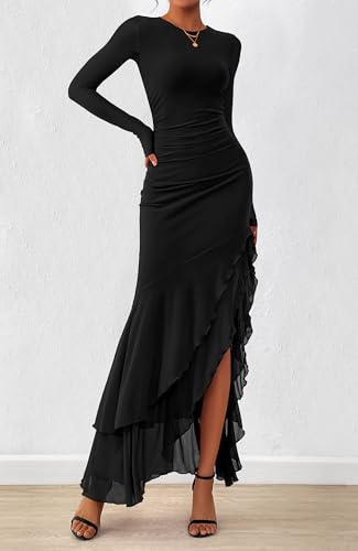 BTFBM Women's Maxi Dresses Fall 2025 Long Sleeve Ruched Bodycon Solid Ruffle Mermaid Cocktail Wedding Guest Dress