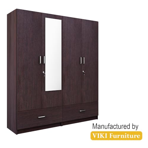 Image of VIKI Wardrobe | Wooden Almirah for 4 Door Wardrobe with 2 Split Drawer & Hanging Space with Mirror (Dark Wenge - 40D x 160W x 180.8H) | 1 Year Warranty | Free Assembly