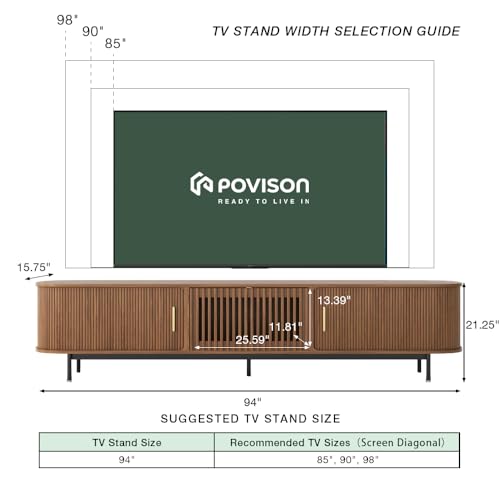 POVISON Fully-Assembled Mid Century Modern TV Stand for 75+ inch TV, Sliding Door Entertainment Center with Storage, Wood TV Console, Media Console for Living Room Bedroom(Walnut, 94.49") - Image 4