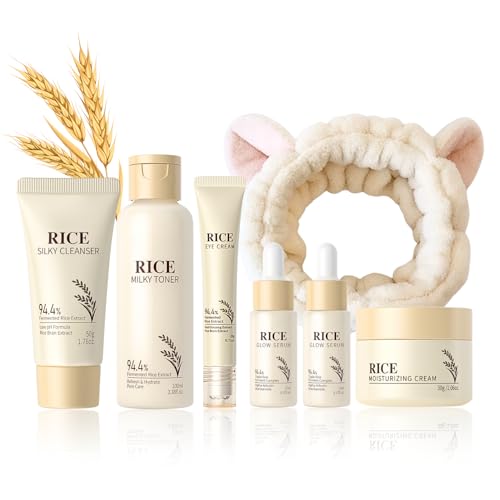 Rice Skincare Sets, Glass Skincare Gift Set, Rice Facial Kit for Glowing Skin for Women, Brightens, Soothes, Hydrates Sensitive Skin, 7PCS(Cleanser,Toner,2pcs Serum,Moisturiser,Eye Cream,Hairlace)