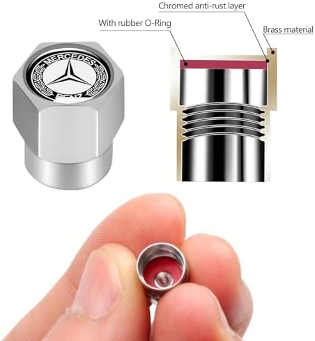 Tire Valve Stem Cap Cover for Mercedes-Benz AMG A C E S Class Series GLK CLA GLA GLC GLE CLS SLK Metal Wheel Air caps Auto Valve Stem Caps Accessories 4 Pack Silver - 4