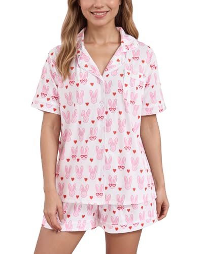 HMPEAIIY Womens Y2k Pajamas Short Set, Soft 2 Piece Button Down Cute Bunny Monkey Matching Pjs Sets Roller Dupes Rabbit Preppy Loungewear