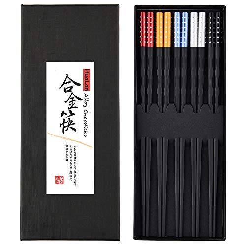 HuaLan Fiberglass Alloy Chopsticks Series - Japanese Non-slip Luxury Reusable Chopsticks Family Use 5 Pairs Gift Set