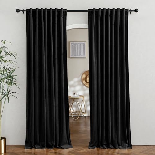 RYB HOME Black Velvet Blackout Curtains for Bedroom 63 inches Length