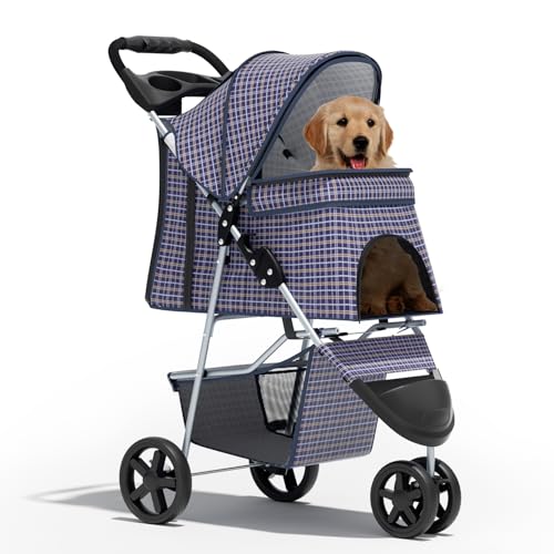 Pet Stroller for Small Dogs 10 lbs, Dog Stroller for Medium Dogs 30 lbs, Cat Strollers for 2 Cats, 3 Wheels Foldable Jogger Puppy Stroller with Storage Basket and Cup Holder, Plaid