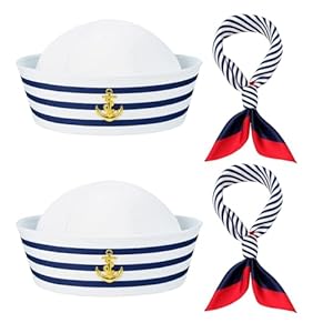 4 Stück Kapitän Matrosen Kostüm Set, Matrosenmütze, Schal Für Herren Damen Mädchen Matrosen Kostüm Blau Und Weiß Verstellbar Universal Matrosen Mütze Mit Schal Für Frauen Herren Karneval Verkleidung