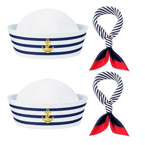 4 Stück Kapitän Matrosen Kostüm Set, Matrosenmütze, Schal Für Herren Damen Mädchen Matrosen Kostüm Blau Und Weiß Verstellbar Universal...