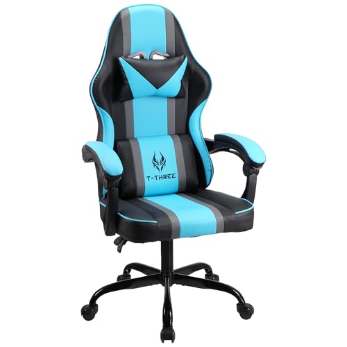 T-THREE.Ergonomic high-back gaming, computer, office, study, swivel, and racing-style chair with adjustable lumbar and headrest support, 150kg weight capacity, ideal for home office(Blue)