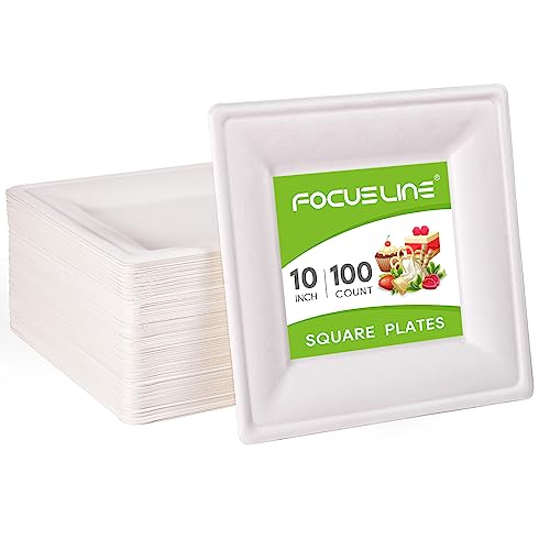 Focusline 100% Compostable 10 Inch Square Paper Plates [100 Count] Heavy-Duty, Natural Disposable Bagasse Plate, Eco-Friendly Made Of Sugarcane Fibers - Natural 10" Biodegradable Plate #TOP18