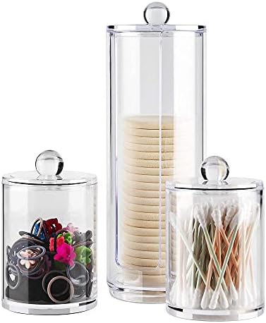 WELTRXE Makeup Organizer Set of 3 Clear Bathroom Canisters Cotton Pads Dispenser Cotton Ball Divider Swab Jar, Hair Pins Elastic Hair Ties Container, Binder Paper Clips Storage Holder with Lids