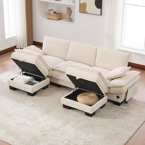 MODENVIE Sofá modular de 3 plazas con 2 taburetes, asiento ancho ergonómico, sofá de salón con conexión -C, sofá de salón con bolsillos laterales, color beige